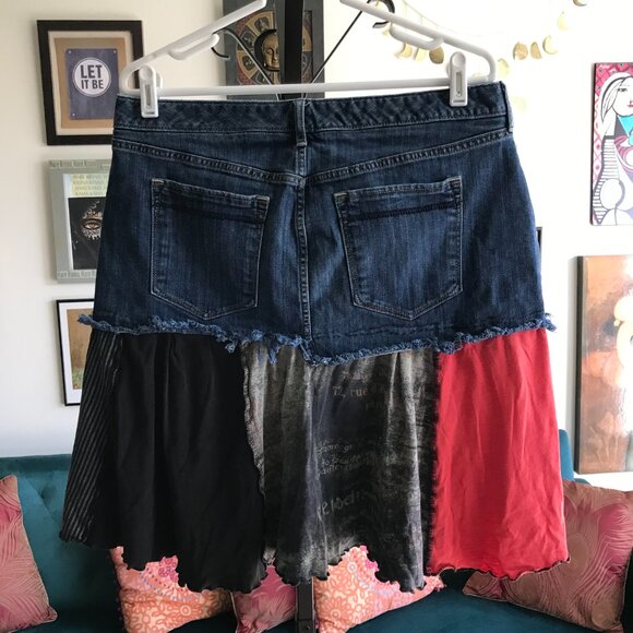 EDDIE BAUER size 12 Blue Stretch Denim OOAK Artisan Pieced Jersey Upcycled Skirt - Picture 4 of 6